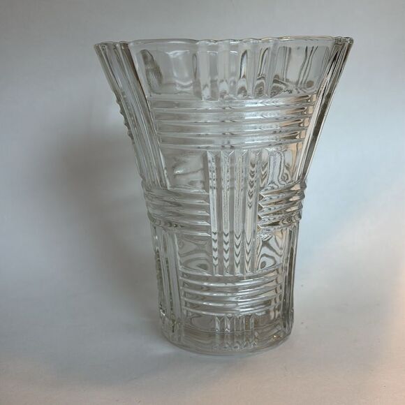 Vintage Anchor Hocking Clear Basket Weave Glass Vase Prismatic Criss Cross - Picture 8 of 8